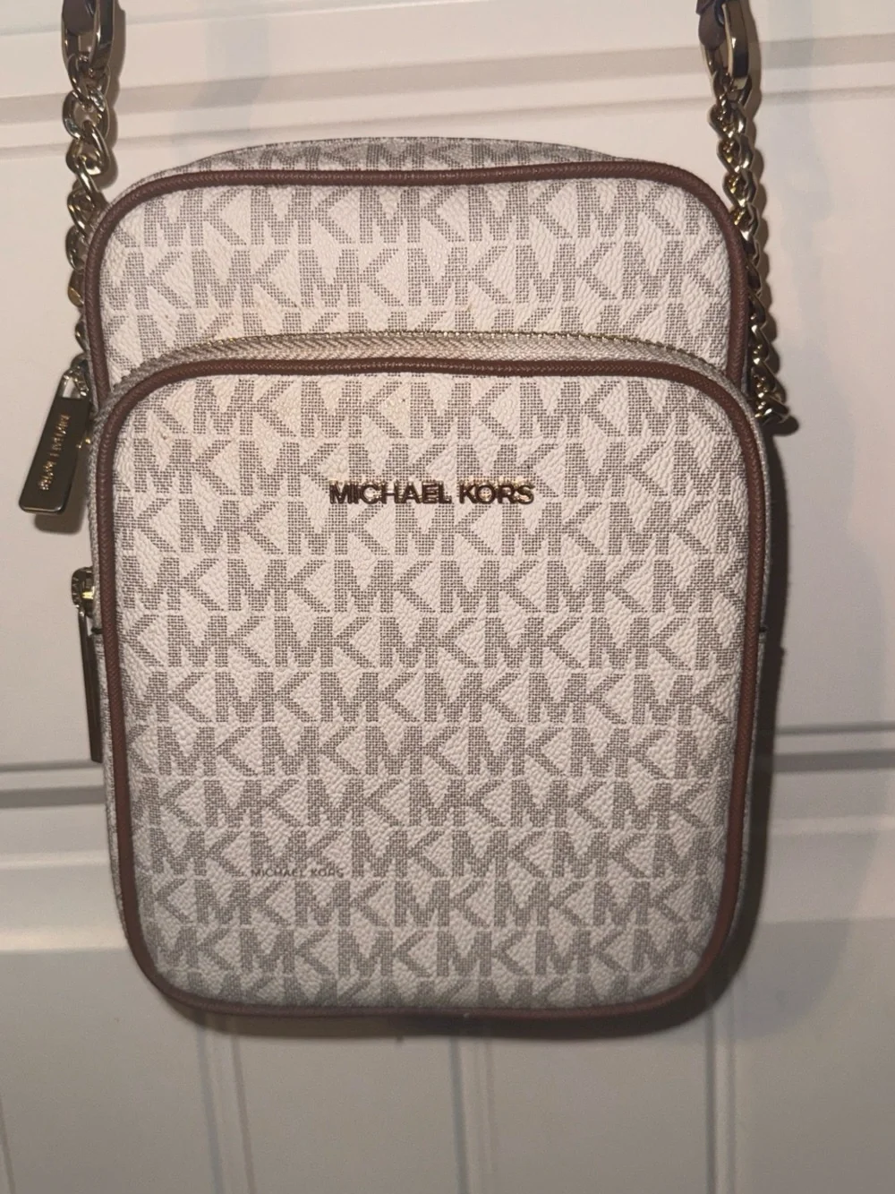 Michael Kors Cream Logo Crossbody Bag with Brown Trim
